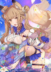Rule 34 | 1girl, ahoge, animal ears, armband, ball, beachball, bikini, blue sky, bow, breasts, brown eyes, brown hair, cowboy shot, day, double bun, flower, fox ears, fox tail, hair flower, hair ornament, holding, inflatable toy, jewelry, bridal garter, light rays, lily (flower), looking at viewer, medium breasts, necklace, ocean, open mouth, original, pendant, ribbon, sailor bikini, sailor collar, see-through, side-tie bikini bottom, sideboob, skindentation, skirt, sky, smile, solo, sparkle, summer, swimsuit, tail, tajima ryuushi, thighs, twintails, water