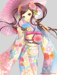 Rule 34 | 1girl, brown hair, green eyes, hair ornament, holding, ilog, japanese clothes, kimono, looking at viewer, microphone, mochiduki misa, obi, occhan (11715), official art, oil-paper umbrella, sash, smile, solo, twintails, umbrella