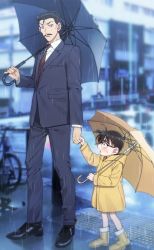 Rule 34 | 2boys, bicycle, black-framed eyewear, black eyes, black footwear, black hair, black umbrella, blue eyes, blurry, blurry background, blush, boots, brown hair, child, collared shirt, commentary request, edogawa conan, facial hair, formal, full body, glasses, highres, holding, holding umbrella, hood, hood down, jacket, k (gear labo), long sleeves, looking at another, male focus, meitantei conan, mouri kogoro, multiple boys, mustache, necktie, open mouth, outdoors, pants, purple jacket, purple neckwear, purple pants, purple suit, rain, raincoat, rubber boots, shadow, shirt, shoes, short hair, standing, suit, sweatdrop, umbrella, white shirt, yellow footwear, yellow raincoat, yellow umbrella