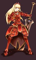 Rule 34 | 1girl, armor, armored dress, blonde hair, blue eyes, capcom, crown, hat, huge weapon, ina (gokihoihoi), long hair, monster hunter (series), smile, solo, sword, teostra (armor), weapon