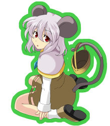 Rule 34 | 1girl, animal ears, basket, female focus, full body, grey hair, mouse ears, mouse tail, nazrin, ooike teru, red eyes, short hair, simple background, sitting, solo, tail, touhou, white background