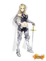 Rule 34 | 1girl, armor, armored boots, black shirt, blonde hair, blue eyes, boots, breasts, brooch, chainmail, chain, character request, choker, cleavage, copyright name, cross, cross brooch, cross motif, earrings, elaborate armor, element dragon, fantasy, filigree, gauntlets, greaves, grey footwear, halterneck, hand on hilt, hand on own hip, highres, jewelry, logo, long hair, looking at viewer, armored boots, midriff, navel, navel piercing, pants, piercing, planted sword, planted, poaro, shirt, simple background, solo, sword, thigh boots, thighhighs, veil, very long hair, weapon, white background