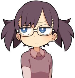 Rule 34 | 1girl, black-framed eyewear, blue eyes, blush, boku no kokoro no yabai yatsu, bright pupils, brown hair, brown shirt, closed mouth, commentary request, frown, glasses, hospital king, ichikawa kana, looking to the side, medium bangs, medium hair, ringed eyes, shirt, short sleeves, short twintails, simple background, solo, twintails, upper body, white background, white pupils