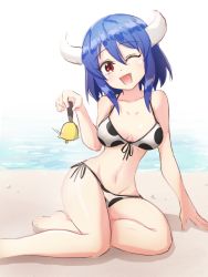 Rule 34 | 1girl, animal print, arm support, beach, bell, bikini, blue hair, blush, collarbone, cow girl, cow horns, cow print, day, fang, highres, holding, holding bell, horns, jashin-chan dropkick, looking at viewer, minos (jashin-chan dropkick), navel, one eye closed, open mouth, outdoors, pink eyes, shino (yaruki nai yatsu), short hair, smile, solo, swimsuit