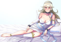 Rule 34 | 1girl, anklet, armpits, artist name, azura (fire emblem) (cosplay), bare shoulders, barefoot, bracelet, breasts, chain, chained, cleavage, collar, collarbone, corrin (female) (fire emblem), corrin (fire emblem), cosplay, detached sleeves, dress, eyelashes, feet, female focus, fingernails, fire emblem, fire emblem awakening, fire emblem heroes, full body, glitchynpc, hair between eyes, hand on own thigh, headband, intelligent systems, jewelry, large breasts, legs, legs together, long hair, looking at viewer, lying, neck, nintendo, no bra, on side, parted bangs, pillow, prisoner, red eyes, shiny skin, sidelocks, single strap, single thighhigh, thighhighs, thighs, toenails, toes, white background, white dress, white hair, white headband, white thighhighs, worried