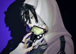 Rule 34 | 1boy, black hair, black nails, fang, fingernails, from side, grey shirt, hair between eyes, holding, holding mask, holostars, hood, hood up, hooded jacket, jacket, jewelry, kageyama shien, looking ahead, mask, momiage 40, multicolored hair, nail polish, official alternate costume, parted lips, profile, purple background, respirator, ring, shadow, sharp fingernails, shirt, short hair, solo, streaked hair, torn clothes, torn shirt, transparent, two-tone hair, upper body, virtual youtuber, white hair, white jacket, yellow eyes