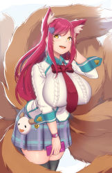 Rule 34 | 1girl, :d, :p, academy ahri, ahri (league of legends), alternate costume, animal ears, black thighhighs, blush, breasts, cardigan, cellphone, cowboy shot, facial mark, fox ears, fox tail, from side, hair ornament, hairclip, hand on own head, heart, heart hair ornament, highres, huge breasts, league of legends, leaning forward, long hair, long sleeves, magister, miniskirt, multiple tails, necktie, open mouth, phone, plaid, plaid skirt, pleated skirt, purple hair, red hair, school uniform, sidelocks, simple background, skindentation, skirt, sleeve cuffs, slit pupils, smartphone, smile, solo, sparkle, swept bangs, tail, thighhighs, tongue, tongue out, very long hair, watch, whisker markings, white background, wristwatch, yellow eyes, zettai ryouiki