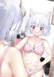 Rule 34 | 1girl, :d, animal ears, ashitaba kemo, bandaid, bandaid on cheek, bandaid on face, belly grab, bra, breasts, cat ears, cat girl, cat-shaped pillow, cat tail, clock, commentary request, fang, frilled bra, frilled panties, frills, highres, indoors, large breasts, mirror, navel, nervous smile, open mouth, original, panties, pink bra, pink panties, purple eyes, reflection, short hair, smile, stomach, stuffed animal, stuffed toy, stuffed wolf, sweatdrop, tail, underwear, underwear only, wall clock, weight conscious, white hair