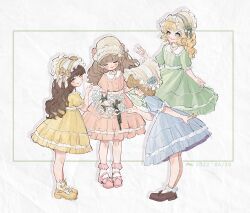 Rule 34 | 4girls, absurdres, ankle socks, blonde hair, blue dress, blue eyes, blush, bonnet, brown footwear, brown hair, cheese (cheese zz74), child, closed eyes, closed mouth, dated, dress, drop shadow, facing viewer, flower, frilled sleeves, frills, green dress, green eyes, green flower, grin, hand up, hat, hat flower, heart, heart necklace, highres, holding, holding flower, jewelry, leaning forward, light brown hair, lips, loafers, lolita fashion, long hair, looking at another, looking at object, looking at viewer, mary janes, medium hair, multiple girls, necklace, no pupils, original, pink dress, pink flower, pink footwear, puffy short sleeves, puffy sleeves, shoes, short sleeves, smile, socks, wavy hair, white background, white flower, white socks, yellow dress, yellow eyes, yellow flower, yellow footwear, yellow headwear, yellow stripes