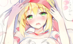 Rule 34 | 1girl, ahoge, blonde hair, blush, braid, breasts, clothes lift, fate/grand order, fate (series), green eyes, gym shirt, gym uniform, hair between eyes, hair intakes, half-closed eyes, hands up, headband, large breasts, looking at viewer, lying, nero claudius (fate), nero claudius (fate) (all), nero claudius (fate/extra), nero claudius (olympian bloomers) (fate), official alternate costume, on back, open mouth, petals, shirt, shirt lift, sidelocks, solo, speech bubble, white shirt, youta