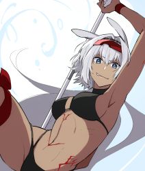 Rule 34 | 1girl, animal ears, bare shoulders, bikini, black bikini, blue eyes, body markings, breasts, caenis (fate), caenis (swimsuit rider) (fate), caenis (swimsuit rider) (first ascension) (fate), cleavage, fate/grand order, fate (series), goggles, grin, hairband, harpoon, highres, large breasts, long hair, looking at viewer, navel, sanae-aragaki, smile, solo, swimsuit, thighs, very long hair, white hair