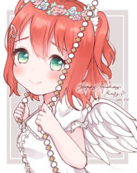 Rule 34 | 1girl, angel wings, aqua eyes, artist name, artist request, blush, bow, breasts, center frills, close-up, collarbone, dress, feathered wings, female focus, flower, flower wreath, frilled sleeves, frills, green eyes, hair between eyes, hair ornament, hair scrunchie, hairclip, head wreath, highres, holding, kurosawa ruby, looking at viewer, love live!, love live! school idol festival, love live! sunshine!!, parted lips, pink flower, plaid, plaid dress, pleated, pleated dress, puffy short sleeves, puffy sleeves, red flower, red hair, scrunchie, short hair, short sleeves, small breasts, smile, solo, star (symbol), twintails, two side up, upper body, white bow, white dress, white scrunchie, white wings, wing hair ornament, wings