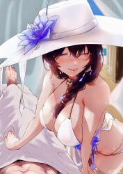 Rule 34 | 1boy, 1girl, absurdres, artist name, bikini, blue flower, blurry, blush, braid, breasts, brown hair, chikuden, cleavage, closed eyes, closed mouth, commander (nikke), dated, depth of field, earrings, faceless, faceless male, flower, goddess of victory: nikke, hand on another&#039;s crotch, hat, hat flower, head out of frame, highres, jewelry, large breasts, lips, long hair, mary (bay goddess) (nikke), mary (nikke), official alternate costume, scar, scar on stomach, sun hat, sweat, swimsuit, thighlet, white bikini, white headwear