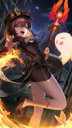 Rule 34 | 1girl, absurdres, black headwear, black nails, black shorts, boo tao (genshin impact), breasts, brown hair, chinese clothes, collared coat, fire, flower, flower-shaped pupils, genshin impact, ghost, hat, hat flower, hat ornament, highres, holding, holding weapon, hu tao (genshin impact), jewelry, kawa683, long hair, looking at viewer, medium breasts, moon, multiple rings, nail polish, night, open mouth, outdoors, plum blossoms, polearm, porkpie hat, red eyes, ring, shoes, shorts, smile, socks, spear, symbol-shaped pupils, weapon