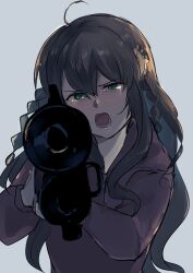 Rule 34 | 1girl, ahoge, backlighting, brown hair, commentary request, crying, crying with eyes open, flower, green eyes, grey background, gun, hair between eyes, hair flower, hair ornament, highres, holding, holding gun, holding weapon, hood, hood down, hoodie, kanbe kotori, long hair, long sleeves, looking at viewer, lower teeth only, open mouth, pink flower, pink hoodie, pointing, pointing at viewer, rewrite, rifle, rimorimo, serious, sidelocks, simple background, solo, spoilers, straight-on, tears, teeth, tsurime, twintails, upper body, v-shaped eyebrows, very long hair, wavy hair, weapon