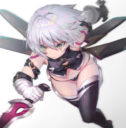 Rule 34 | 1girl, bandaged arm, bandages, bare shoulders, black thighhighs, boots, dagger, dual wielding, fate/apocrypha, fate/grand order, fate (series), fighting stance, gluteal fold, green eyes, holding, jack the ripper (fate/apocrypha), knife, leaning forward, navel, panties, scar, scar across eye, scar on face, serious, shirabi, short hair, solo, tattoo, thigh boots, thighhighs, thighs, underwear, weapon, white background, white hair