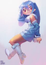 Rule 34 | /livejupiter/, 1boy, animal ears, blue hair, boots, detached sleeves, full body, furry, furry male, gradient background, highres, humanization, inuki (aruurara), kenma-kun, looking at viewer, male focus, personification, red eyes, short hair, skirt, smile, solo, trap