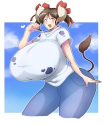 Rule 34 | 1girl, animal print, blue pants, breasts, brown hair, cloud, cow girl, cow print, cow tail, cowboy shot, curvy, denim, female focus, gigantic breasts, hair ribbon, heart, horns, jeans, looking at viewer, open mouth, pants, red ribbon, ribbon, romo (samesameyeah), shiny skin, shirt, short hair, short twintails, sky, smile, solo, standing, sukimi, tail, taut clothes, taut shirt, twintails, white background, yellow eyes