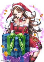 Rule 34 | 1girl, arm warmers, box, brown hair, coin, copyright name, gift, gift box, glasses, hat, looking at viewer, official art, red eyes, santa hat, sid story, sila (carpen), solo, thighhighs
