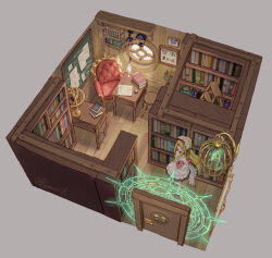 Rule 34 | 1girl, artist name, bare shoulders, blonde hair, blunt bangs, book, book stack, bookshelf, cage, cagliostro (granblue fantasy), capelet, chair, chalkboard, commentary, display case, door, dress, floorplan, frilled dress, frills, from above, full body, globe, granblue fantasy, grey background, head wreath, highres, hime cut, holding, holding stuffed toy, ladder, lantern, long hair, magic circle, mirror, official alternate costume, pantyhose, paper, plant, pota (bluegutty), potion, potted plant, purple eyes, quill, sidelocks, signature, snake, stool, stuffed animal, stuffed toy, sunlight, teddy bear, twitter username, white capelet, white pantyhose, window