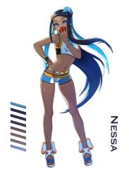 Rule 34 | 1girl, absurdres, armpits, bare arms, bare legs, bare shoulders, black hair, blue eyes, blue gloves, blue hair, character name, clothes writing, color guide, creatures (company), crop top, dark-skinned female, dark skin, earrings, eyeshadow, forehead, full body, game freak, gloves, gym leader, hand on own hip, highres, holding, holding poke ball, hoop earrings, innertube, jewelry, legs apart, long hair, looking at viewer, makeup, multicolored hair, navel, necklace, nessa (pokemon), nintendo, poke ball, poke ball (basic), pokemon, pokemon swsh, rerere, sandals, short shorts, shorts, simple background, single glove, solo, standing, stomach, sweatband, swim ring, toned, two-tone hair, very long hair, white background, white footwear