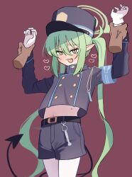 Rule 34 | 1boy, 1girl, :d, belt, black belt, black hat, black shorts, blue archive, blush, demon tail, disembodied limb, earrings, green hair, green halo, hair between eyes, halo, hat, nozomi (blue archive), highres, hizikata398, jewelry, long hair, midriff, navel, open mouth, pointy ears, shorts, simple background, smile, solo, solo focus, tail, twintails, very long hair, yellow eyes