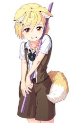 Rule 34 | 1girl, absurdres, ahoge, animal ears, asymmetrical hair, black bow, black bowtie, blonde hair, blush, bow, bowtie, brown skirt, brown vest, collared shirt, commentary request, cookie (touhou), cowboy shot, flat chest, floppy ears, food, fox ears, fox girl, fox tail, grin, hair between eyes, highres, holding, holding staff, looking at viewer, medium hair, miramikaru riran, omelet, red eyes, satodesu cookie, shirt, short sleeves, sidelocks, simple background, skirt, smile, solo, staff, tail, tamagoyaki, vest, white background, white shirt