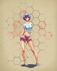 Rule 34 | 1girl, absurdres, arms at sides, ayanami rei, bloomers, blue hair, breasts, casual, closed mouth, collarbone, commentary, contrapposto, crop top, doolio, english commentary, expressionless, eyebrows, female focus, flats, full body, groin, hexagon, highres, legs apart, long legs, lowleg, lowleg shorts, navel, neon genesis evangelion, pigeon-toed, pink bloomers, pink shorts, red eyes, shirt, short hair, shorts, small breasts, solo, standing, stomach, summer, t-shirt