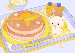 Rule 34 | bear, bowl, butter, flower, food, food focus, fork, highres, no humans, original, pancake, pastel colors, pepparmint310, plate, sprinkles, sweets, syrup, tray, white flower