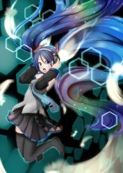 Rule 34 | 1girl, absurdly long hair, absurdres, black thighhighs, blue eyes, blue hair, detached sleeves, feathers, full body, hatsune miku, headphones, highres, kazenoko, long hair, matching hair/eyes, necktie, open mouth, pleated skirt, skirt, solo, thighhighs, very long hair, vocaloid