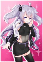 Rule 34 | 1girl, :3, ahoge, bare shoulders, black jacket, black ribbon, black shirt, black skirt, black thighhighs, breasts, closed mouth, commentary request, commission, copyright request, covered navel, crop top, grey hair, hair between eyes, hair ribbon, hand up, highres, jacket, kirisame mia, leotard, leotard under clothes, long hair, long sleeves, looking at viewer, off shoulder, open clothes, open jacket, pencil skirt, pink background, pixiv commission, puffy long sleeves, puffy sleeves, purple eyes, ribbon, shirt, skirt, sleeveless, sleeveless shirt, sleeves past wrists, small breasts, smile, solo, sparkle, thighhighs, two side up, very long hair