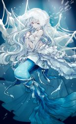 Rule 34 | 1girl, absurdres, commentary request, dress, fins, fish, head fins, highres, long hair, looking at viewer, mermaid, miyu (miy u1308), monster girl, original, purple eyes, ribbon, solo, tail, tail ornament, tail ribbon, underwater, white dress, white hair, white ribbon
