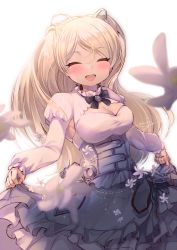 Rule 34 | 1girl, armpit cutout, blush, breasts, brown eyes, cleavage, cleavage cutout, clothing cutout, conte di cavour (kancolle), corset, cowboy shot, dress, closed eyes, flower, frilled dress, frills, grey dress, highres, kantai collection, large breasts, layered dress, long hair, long sleeves, n:go, one-hour drawing challenge, open mouth, personification, petals, silver hair, skirt hold, smile, solo, two-tone dress, two side up, white background, white dress