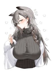 Rule 34 | 1girl, animal ears, arknights, black sweater, blush, braid, breasts, commentary request, earrings, extra ears, grey hair, hair ornament, hand up, heavy breathing, highres, horn/wood, jacket, jewelry, large breasts, long hair, long sleeves, looking at viewer, mole, mole above eye, off shoulder, official alternate costume, penance (arknights), penance (occasionally flushed) (arknights), ribbed sweater, sideways glance, single braid, solo, sweater, turtleneck, turtleneck sweater, upper body, white jacket, wolf ears, wolf girl, yellow eyes