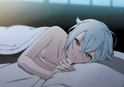 Rule 34 | 10s, 1boy, bad id, bad twitter id, bed sheet, bloom, blush, dust, green eyes, hair flaps, hotarumaru, lying, male focus, naked sheet, on bed, on side, pillow, pov, pov across bed, samurai10932, silver hair, smile, solo, touken ranbu, under covers, window