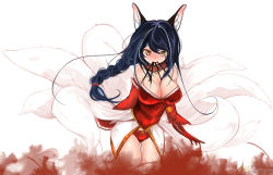 Rule 34 | 1girl, ahri (league of legends), animal ears, artist request, black hair, blush, breasts, cleavage, collar, female focus, fox ears, fox tail, korean text, league of legends, monster girl, mouth hold, panties, solo, tail, underwear, white background