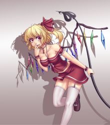 Rule 34 | 1girl, alternate costume, bent over, blonde hair, breasts, choker, cleavage, collarbone, crystal, fangs, flandre scarlet, garter straps, gradient background, hair ribbon, hater (hatater), highres, jewelry, laevatein, leg up, looking to the side, looking up, midriff, miniskirt, mole, mole on breast, necklace, off shoulder, piercing, red eyes, ribbon, shirt, short hair, short sleeves, side ponytail, skirt, skirt set, slit pupils, smile, solo, t-shirt, thighhighs, tongue, tongue out, tongue piercing, touhou, upskirt, v, white thighhighs, wings, wrist cuffs, zettai ryouiki