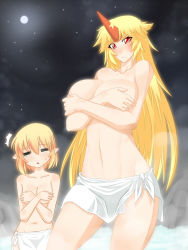 Rule 34 | 2girls, = =, blonde hair, blush, breast envy, breasts, closed eyes, closed mouth, covering privates, covering breasts, cowboy shot, full moon, horns, hoshiguma yuugi, large breasts, long hair, looking at viewer, medium breasts, megatama, mizuhashi parsee, moon, multiple girls, navel, night, night sky, nude, onsen, pointy ears, red eyes, short hair, single horn, sky, touhou, towel around waist, triangle mouth