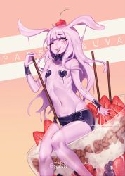 Rule 34 | 1girl, ;3, animal ears, bike shorts, blunt bangs, colored skin, commentary, flat chest, food, fruit, heart, long hair, looking at viewer, monster girl, navel, one eye closed, original, parfait, pasties, pocky, purple skin, rabbit ears, simple background, slime girl, smile, solo, strawberry, terupancake, twitter username, utensil in mouth, wristband