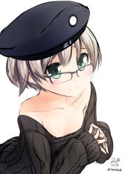 Rule 34 | 10s, 1girl, 2014, aqua eyes, bad id, bad pixiv id, bare shoulders, bespectacled, blonde hair, blush, clothes writing, dated, fingers together, flat chest, glasses, grey-framed glasses, hat, kantai collection, looking at viewer, nekobaka, off shoulder, platinum blonde hair, ribbed sweater, sailor hat, short hair, simple background, sleeves past wrists, smile, solo, sweat, sweater, twitter username, white background, z1 leberecht maass (kancolle)