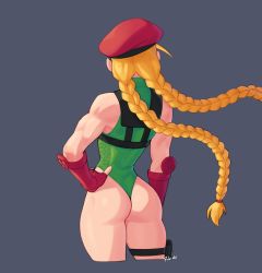 Rule 34 | 1girl, absurdres, ass, bare shoulders, beret, blonde hair, braid, cammy white, chest harness, commentary, cowboy shot, cropped legs, facing away, fingerless gloves, from behind, gloves, green leotard, grey background, hand on own hip, harness, hat, highleg, highleg leotard, highres, holster, leotard, long braid, long hair, muscular, muscular female, red gloves, red hat, rob ishi, simple background, solo, street fighter, thigh holster, twin braids, very long hair