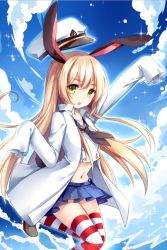 Rule 34 | 1girl, admiral (kancolle), admiral (kancolle) (cosplay), animal ears, blonde hair, borrowed clothes, cosplay, day, hat, hetuluoshu, jacket, kantai collection, long hair, midriff, open clothes, open jacket, open mouth, rabbit ears, shimakaze (kancolle), skirt, sky, sleeves past wrists, solo, striped clothes, striped thighhighs, thighhighs, very long sleeves, water, yellow eyes