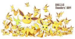 Rule 34 | 10s, 1990s (style), 2012, :3, :d, alternate color, aqua eyes, character name, clone, closed eyes, creatures (company), dated, english text, game freak, gen 1 pokemon, green eyes, grin, highres, jolteon, nintendo, no humans, odd one out, open mouth, pokemon, pokemon (creature), pokemon rgby, purple eyes, retro artstyle, shiny pokemon, simple background, sleeping, smile, sparkle, too many, wataametulip, white background