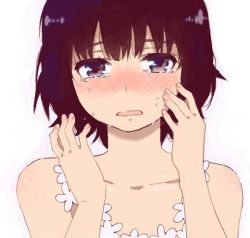 Rule 34 | 1girl, black eyes, black hair, blush, crying, drawr, hand on own cheek, hand on own face, mattaku mousuke, oekaki, open mouth, original, short hair, simple background, solo, tears, wavy mouth, white background