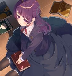 Rule 34 | 1girl, black jacket, black shirt, black skirt, blazer, blunt bangs, blush, book, bow, breasts, brown bow, brown pantyhose, closed mouth, collared shirt, commentary request, dress shirt, hair bow, idolmaster, idolmaster shiny colors, indoors, jacket, long hair, neck ribbon, on floor, open book, open clothes, open jacket, pantyhose, pleated skirt, purple eyes, purple hair, rangen, red ribbon, ribbon, shirt, sidelocks, sitting, skirt, small breasts, solo, tanaka mamimi