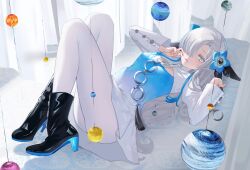 Rule 34 | 1girl, blue eyes, blue flower, blue hair, blush, boots, bsmycc, dress, expressionless, flower, full body, grey hair, hair flower, hair ornament, hair over one eye, hands up, high heel boots, high heels, highres, isekai joucho, kamitsubaki studio, knees up, long hair, long sleeves, looking at viewer, lying, multicolored hair, on back, orb, pantyhose, parted lips, solo, two-tone hair, virtual youtuber, white pantyhose