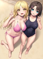 Rule 34 | 2girls, :d, arm around waist, bang dream!, bare arms, bare legs, bare shoulders, barefoot, beach, bikini, black hair, black one-piece swimsuit, blonde hair, blue eyes, blunt bangs, blunt ends, breasts, cameltoe, cleavage, cleft of venus, collarbone, commentary request, covered erect nipples, covered navel, day, fingernails, floating hair, from above, front-tie bikini top, front-tie top, full body, groin, hair between eyes, hair ornament, hairclip, hand on another&#039;s hip, hand up, lambda (kusowarota), large breasts, leg up, light blush, long hair, looking at viewer, looking up, medium hair, multiple girls, navel, okusawa misaki, one-piece swimsuit, open mouth, outdoors, parted lips, pink bikini, raised eyebrows, side-by-side, side-tie bikini bottom, smile, standing, standing on one leg, stomach, swimsuit, toenails, tsurumaki kokoro, v, very long hair, water, yellow eyes