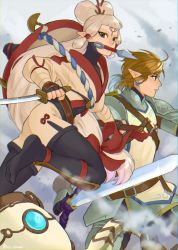 Rule 34 | 1boy, 1girl, armor, bandages, blonde hair, blue eyes, bow, eye symbol, facial mark, forehead mark, hat on back, highres, hyrule warriors: age of calamity, impa, ivy (sena0119), kunai, link, long hair, master sword, nintendo, pointy ears, red bow, robot, sheikah, terrako, the legend of zelda, the legend of zelda: breath of the wild, weapon, white hair