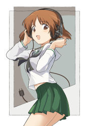 Rule 34 | 1girl, :d, absurdres, black neckerchief, blouse, brown eyes, brown hair, commentary, cowboy shot, ennui orz, from side, girls und panzer, green skirt, hand on headphones, headphones, highres, leaning forward, long sleeves, looking at viewer, looking back, miniskirt, neckerchief, nishizumi miho, ooarai school uniform, open mouth, outside border, pleated skirt, school uniform, serafuku, shirt, short hair, skirt, smile, solo, standing, white shirt