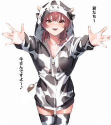 Rule 34 | 1girl, alternate costume, animal print, black hoodie, black thighhighs, blush, breasts, cleavage, commentary, cow hood, cow print, cowboy shot, heterochromia, highres, hololive, hood, hood up, hoodie, houshou marine, looking at viewer, medium breasts, medium hair, open mouth, orange eyes, outstretched arms, red eyes, red hair, simple background, smile, solo, thighhighs, translated, two-tone hoodie, virtual youtuber, white background, white hoodie, white thighhighs, xkirara39x, zettai ryouiki